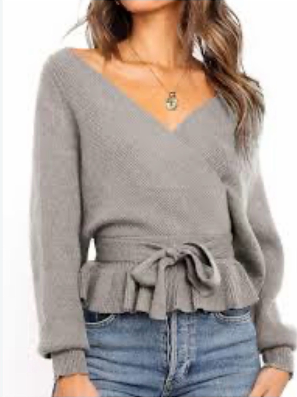 Tie-Waist Wrap V-Neck Sweater - Taupe
